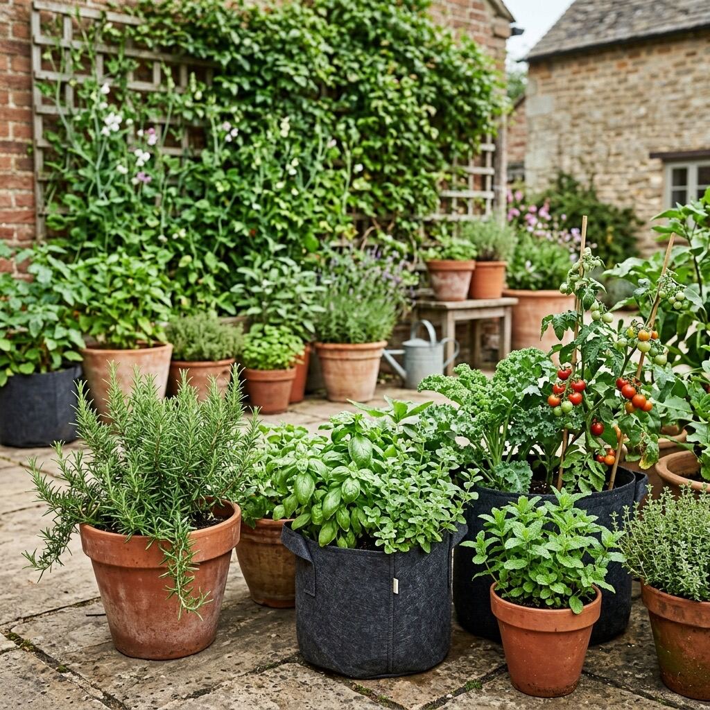 Container garden with herbs and vegetables on a sunny patio