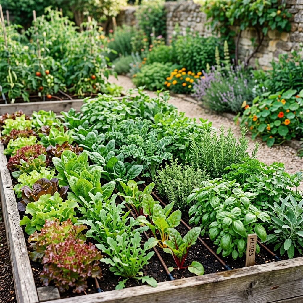 Mixed edible garden bed with greens and herbs in neat rows