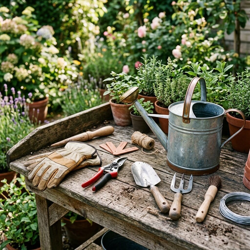 Clean garden hand tools arranged beside gloves and seed packets