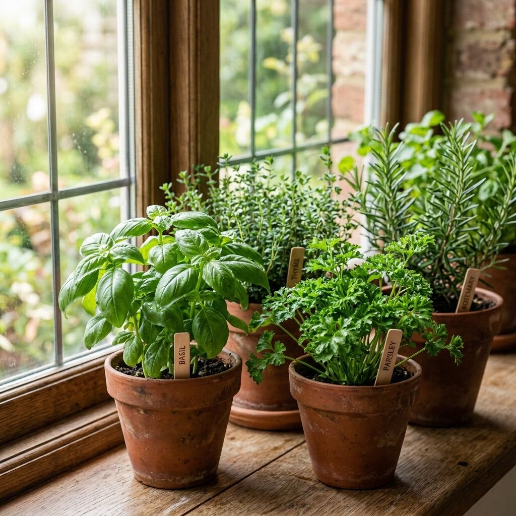 Fresh culinary herbs growing in a compact kitchen garden