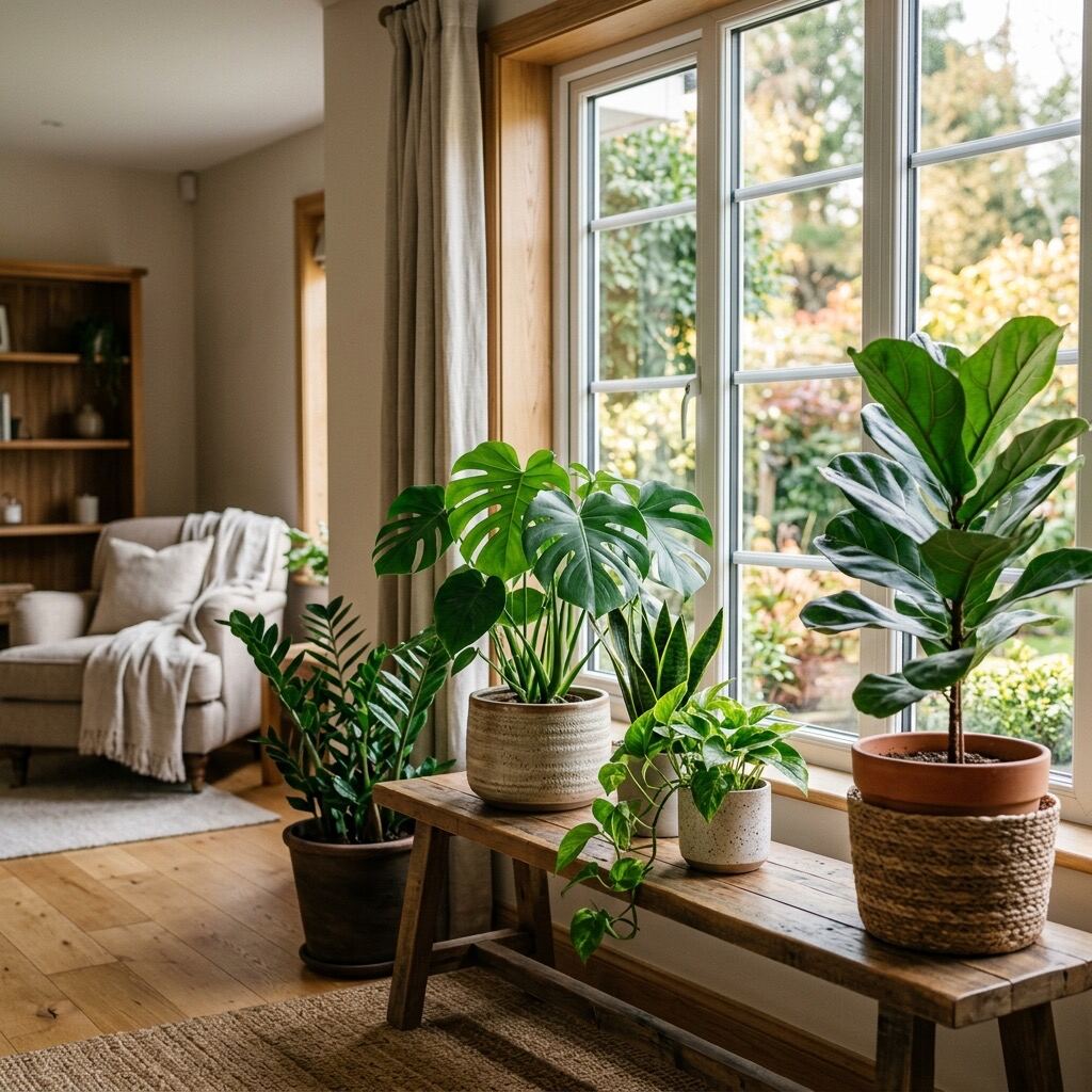 Indoor houseplants grouped near a bright window