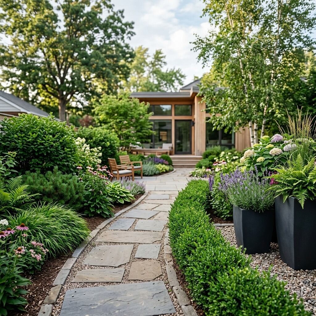 Small backyard garden path with shrubs and tidy landscape design