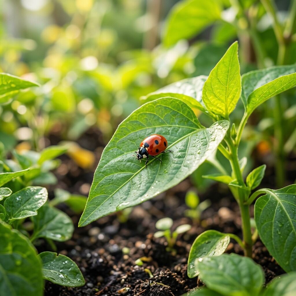 Healthy vegetable leaves with companion flowers in an organic garden