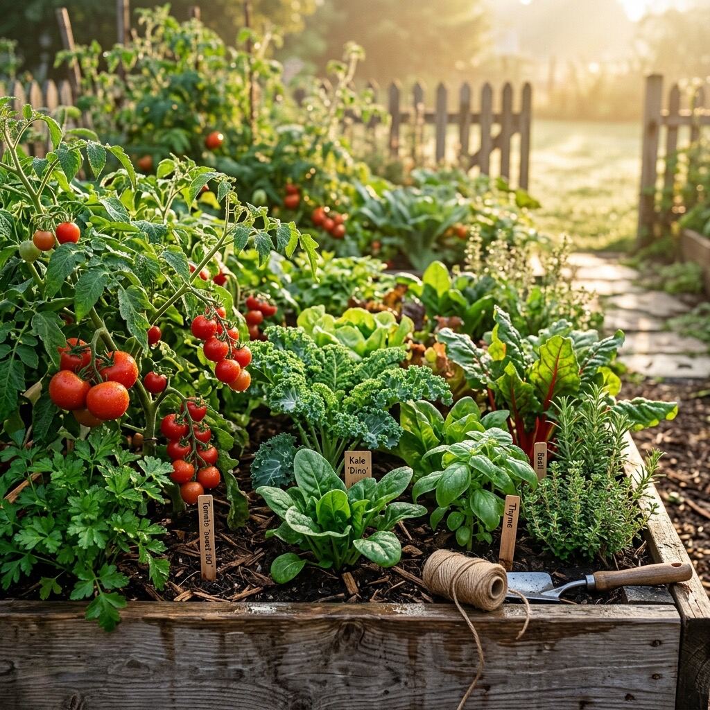 Cedar raised garden beds filled with vegetables and compost-rich soil
