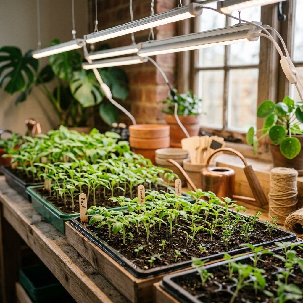 Seed trays with young seedlings on a bright potting bench