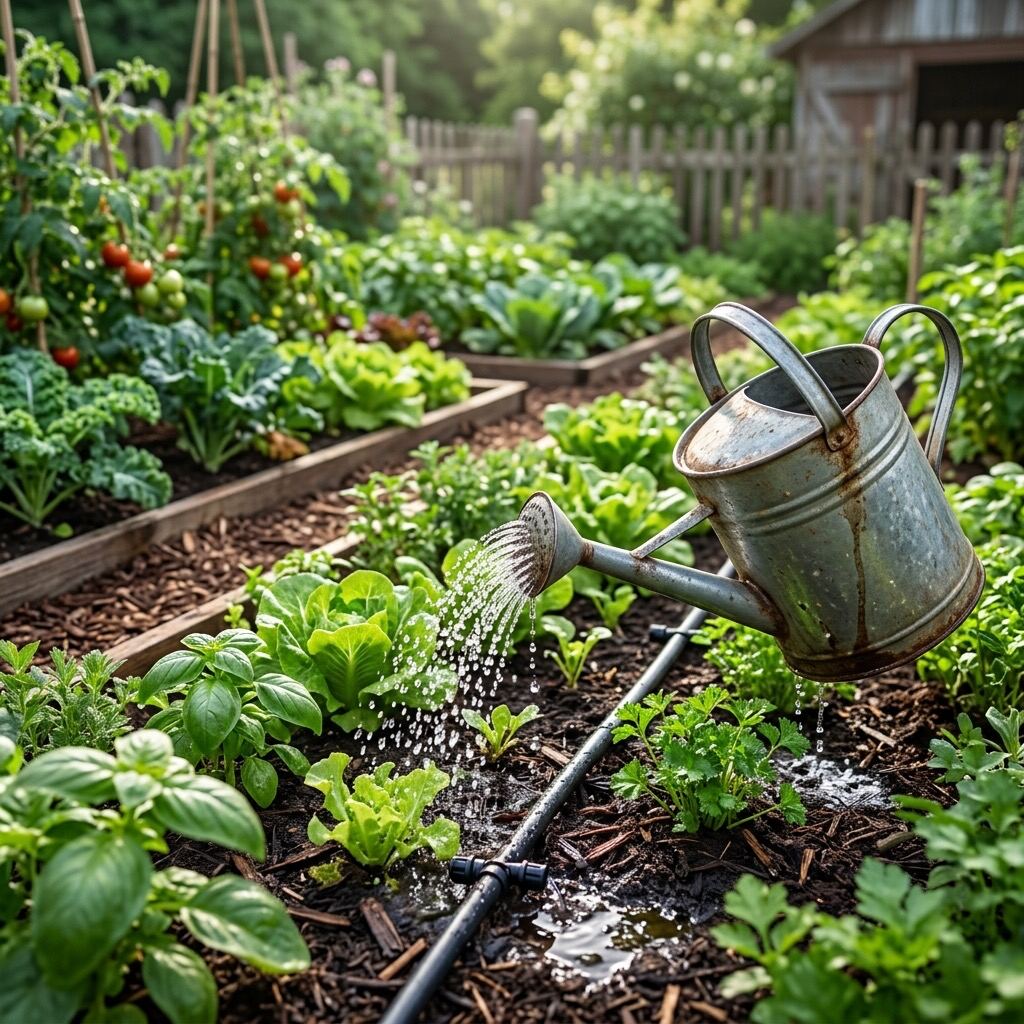 Drip irrigation line watering vegetables in a raised bed
